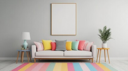 Bright and cheerful living room with colorful decor, playful accents,