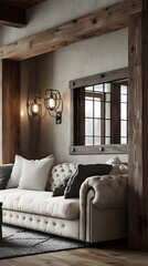 Fototapeta premium Cozy and Inviting Farmhouse Living Room Interior with Reclaimed Wood Accents Overstuffed Sofa and Warm Metal Sconce Lighting