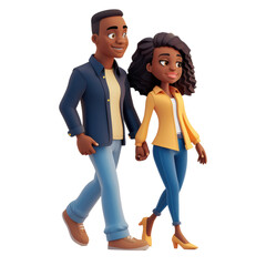 Fototapeta premium 3D Cartoon African American Couple Walking Together Isolated on Transparent or White Background, PNG
