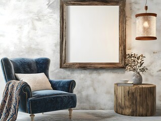 Cozy and Inviting Farmhouse Living Room Mockup with Distressed Wood Frame Plush Velvet Armchair Rustic Wooden Side Table and Patterned Throw Blanket