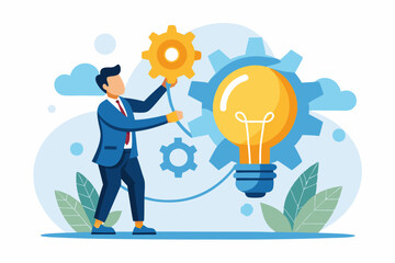 Innovation or product development, idea or solution to solve business problem, invention or technology creation to build new product, efficiency concept, businessman build gear in lightbulb idea.

