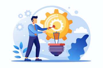 Innovation or product development, idea or solution to solve business problem, invention or technology creation to build new product, efficiency concept, businessman build gear in lightbulb idea.
