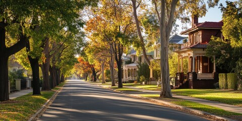 Naklejka premium Treelined Street with Beautifully Restored Victorian Home