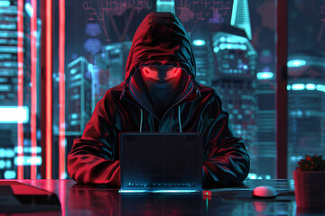 Obraz premium Mysterious hooded hacker working on a laptop in a dark room with neon city lights in the background.