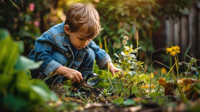 Kid crouching in a garden, using a magnifying glass to explore insects on a plant