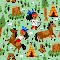Bright cheerful children seamless vector pattern with American Indians, Horse, Wild Mustang,. Childish travel background