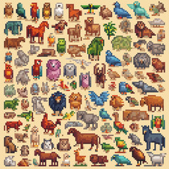 A colorful collage of pixel-art animals featuring various birds, mammals, and insects. Notable creatures include parrots, eagles, a horse, a lion, a dog, and a goat. The animals are arranged in a whim