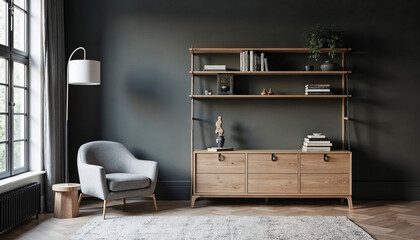 Grey barrel chair against of window and wooden shelving unit and cabinet on dark wall. Scandinavian style interior design of modern living room