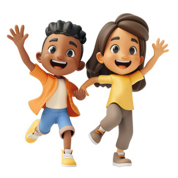 Fototapeta 3D Cartoon Couple Multi-Ethnic Boy and Girl having Fun Isolated on Transparent or White Background, PNG