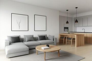 Scandinavianstyle living room with natural wood accents, minimalist decor,