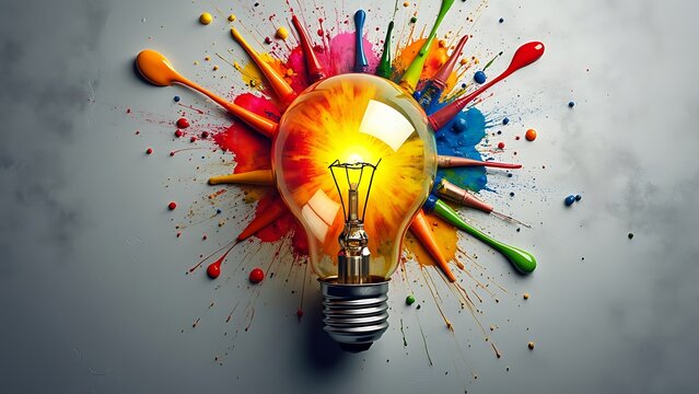 A vibrant light bulb surrounded by colorful paint splashes, symbolizing creativity and innovation. This image captures the essence of artistic inspiration and bright ideas.