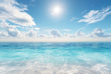 Obraz premium Panorama of clear sky background for summer vacation concept at ocean and summer sea water with sunlight of beautiful cloudy sky , ai