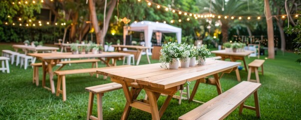 Outdoor garden setting with wooden tables and string lights, ready for an event or celebration under a peaceful, green environment.