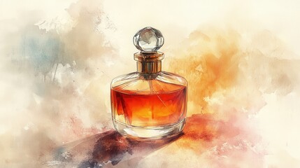 Perfume bottle, rich musk scent, warm tones, watercolor style