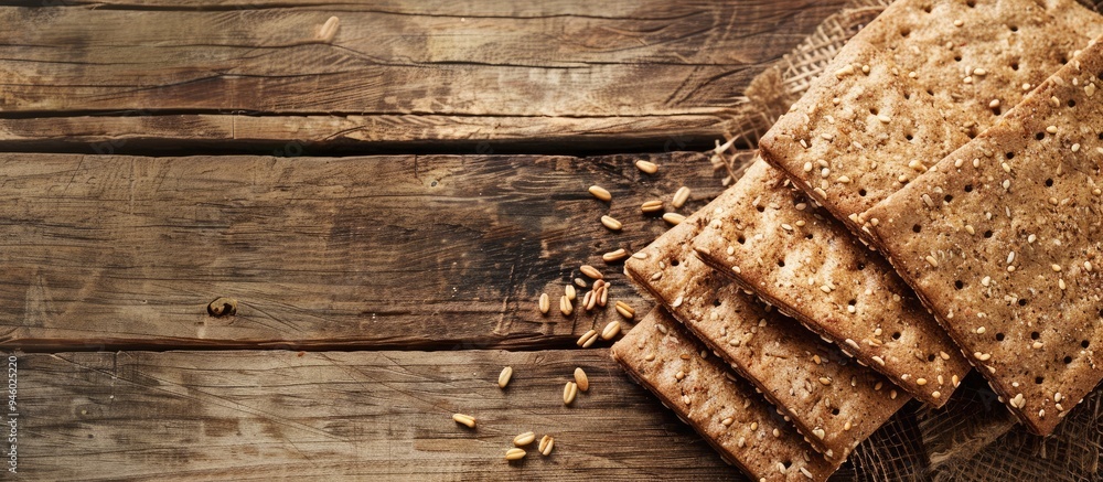 Poster Whole grain rye crispbreads resting on a wooden background. Copy space image. Place for adding text and design