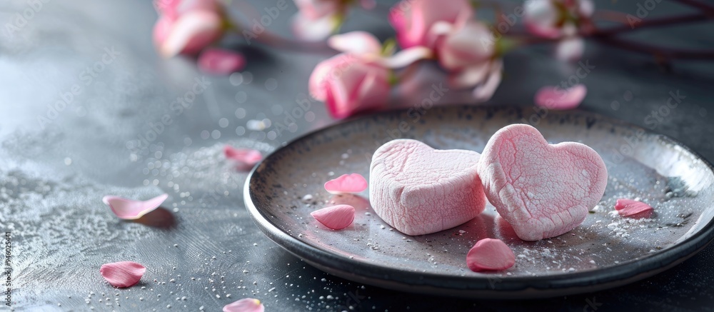 Poster a pair of heart shaped marshmallows on a plate for valentine s day in a romantic setting. copy space