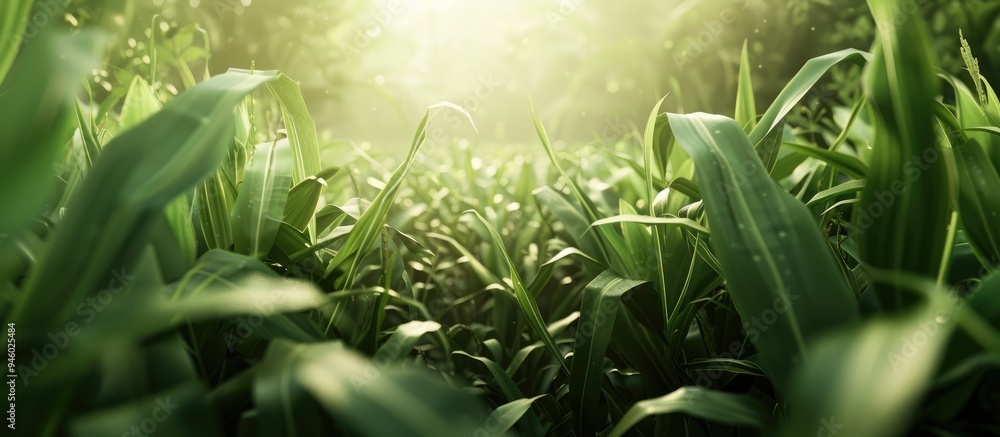 Poster corn plants and grass in a rural agricultural field. copy space image. place for adding text and des