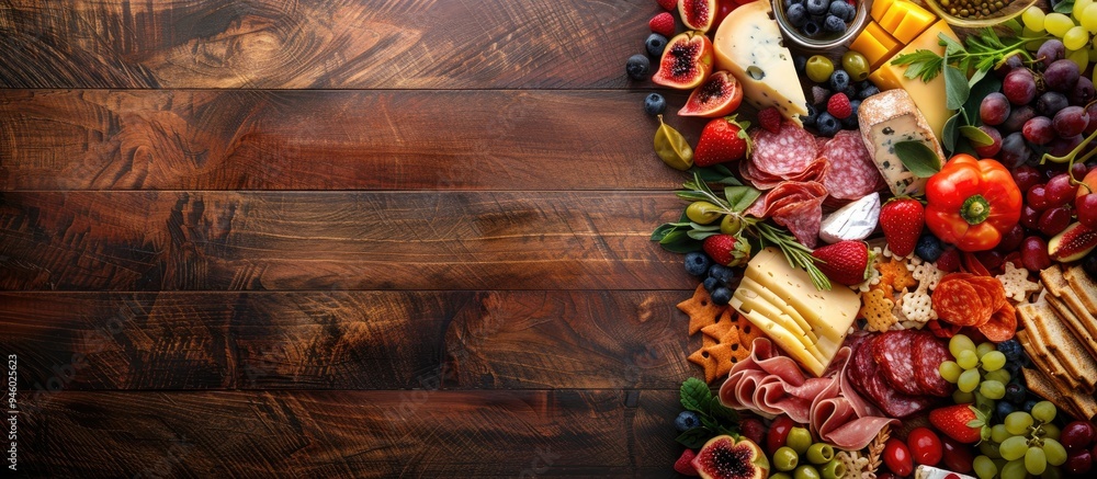 Poster cheese board with snacks various types of hard and soft cheese accompanied by fruits sweets and meat