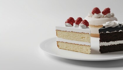 Cake slice with cream in white plate copy space background