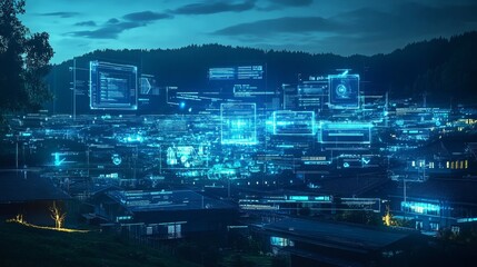 Futuristic Cityscape with Digital Overlays at Night