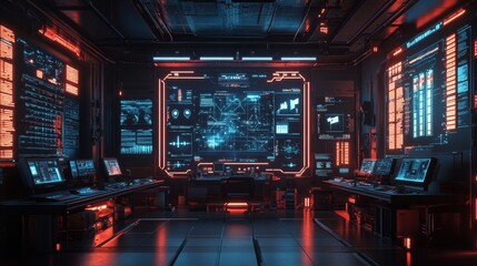 Futuristic Control Room with Neon Lights and Screens