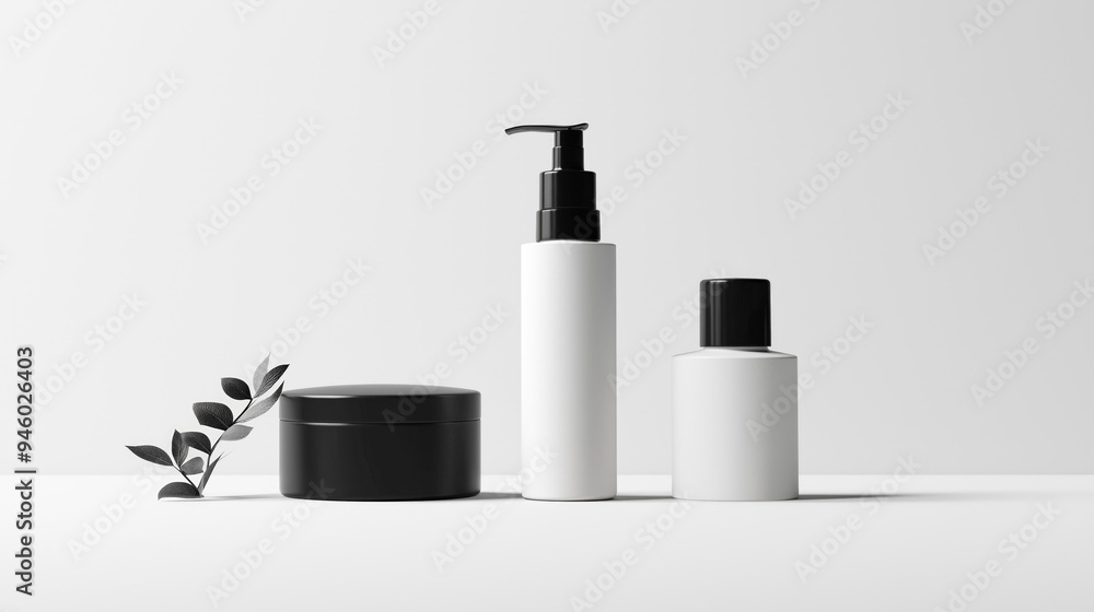 Poster white podium stage product placement cosmetics mock up with white cosmetic bottles with white empty 