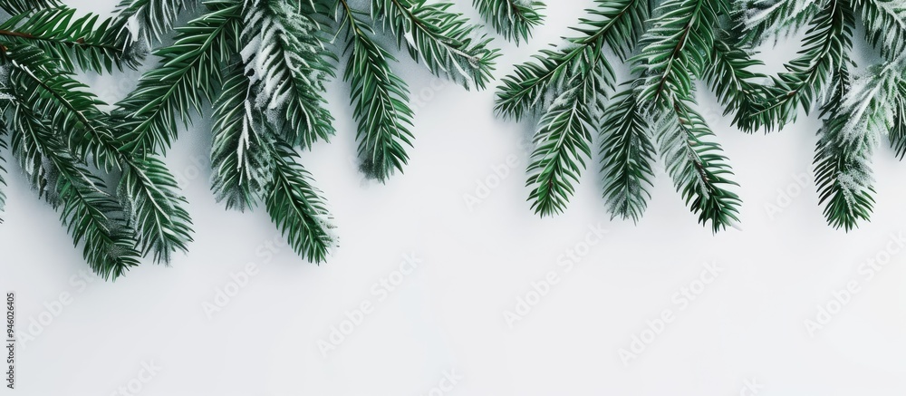 Poster single fir branches on a white background minimalist christmas design. copy space image. place for a
