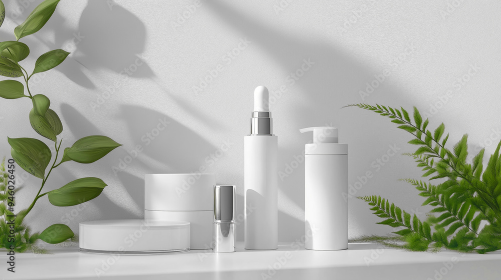 Poster white podium stage product placement cosmetics mock up with white cosmetic bottles with white empty 