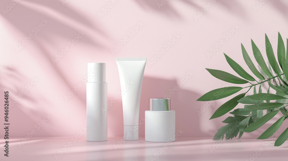 Aufkleber pink podium stage product placement cosmetics mock up with white cosmetic bottles with white empty l