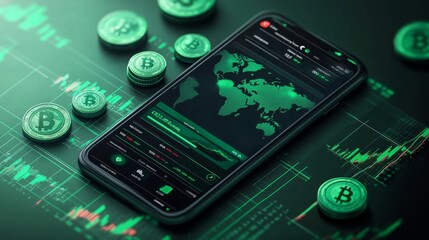 Cryptocurrency Bitcoin Trading App Phone Screen World Map