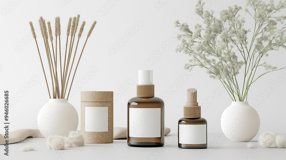 Poster white podium stage product placement cosmetics mock up with cosmetic bottles with white empty labels