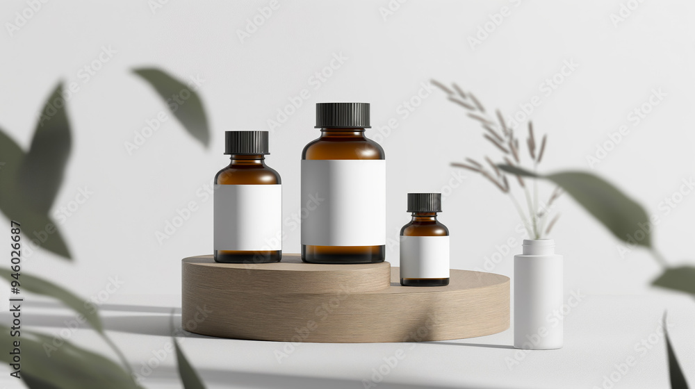 Poster Podium stage product placement cosmetics mock up with cosmetic bottles with white empty labels and leaves