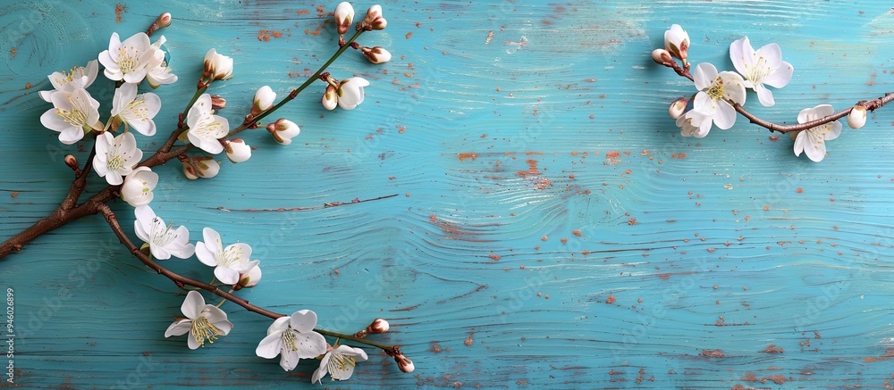 Canvas Prints cherry blossom branch on a blue wooden surface. Copy space image. Place for adding text and design