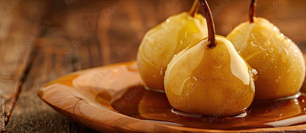 Poster delicious pears in honey sauce on a wooden surface. copy space image. place for adding text and desi