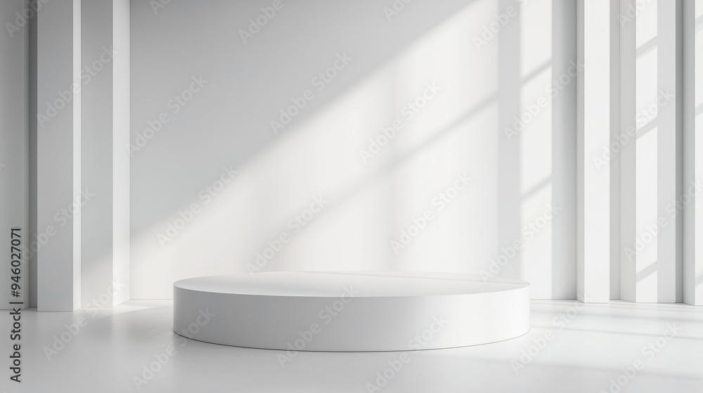 Poster white empty studio room with white round podium and sunlight from the windows