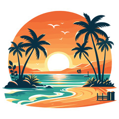 Obraz premium Tropical beach sunset illustration vector in vibrant colors, perfect for travel posters or decor