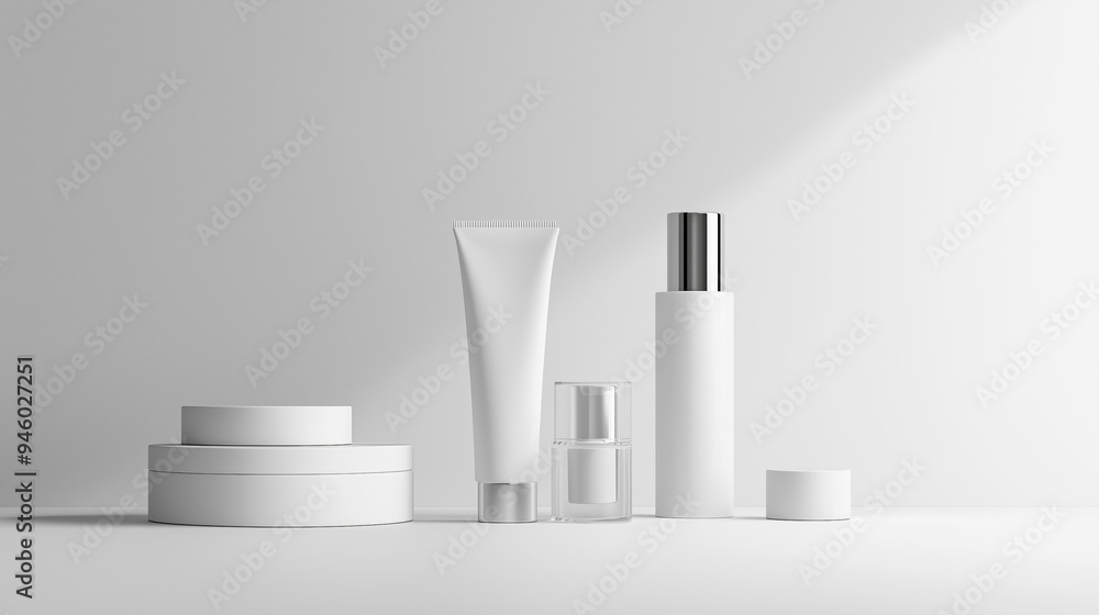Aufkleber white podium stage product placement cosmetics mock up with white cosmetic bottles with white empty 