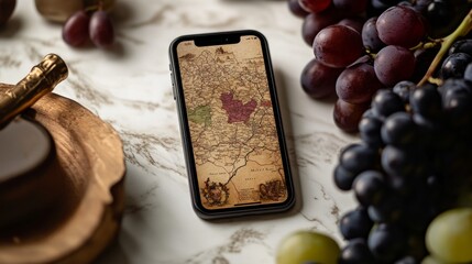 Vintage Map on Smartphone with Grapes on Marble Table