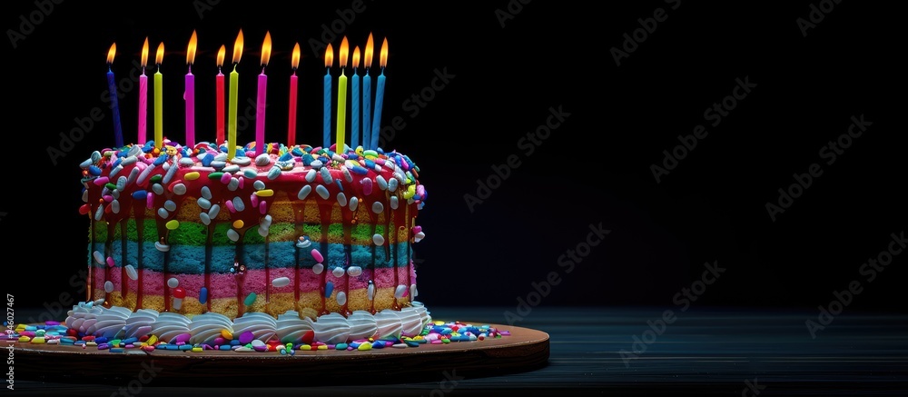 Poster rainbow birthday cake adorned with colorful candles and drizzled icing. copy space image. place for 