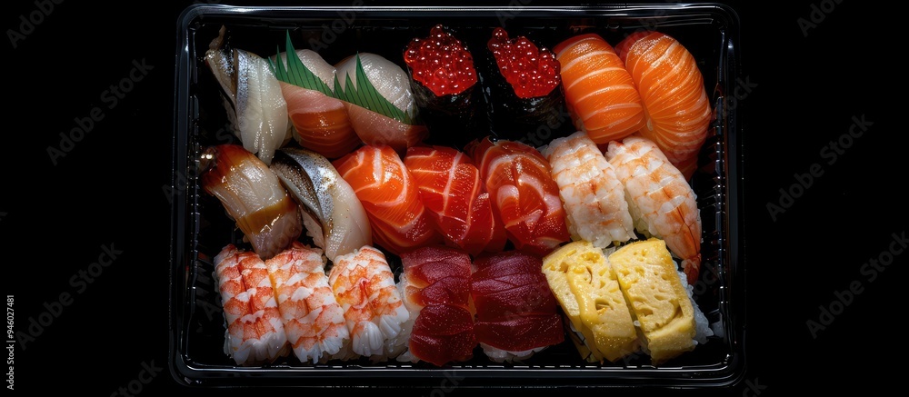 Poster a photo displaying an assortment of sushi types neatly arranged and packed in a container. copy spac