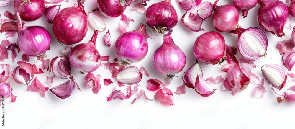 Poster group of pink onions on a white background multiple peeled shiny onions isolated food backdrop. copy