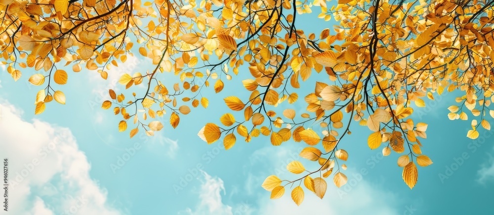 Poster yellow tree leaves viewed from below against the sky suitable for a natural background. copy space i