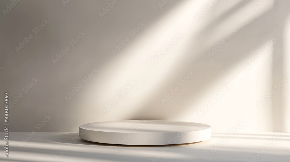 Poster Empty minimalistic luxury room with empty stage podium place for product placement and design - best place for cosmetics products mock up with soft light and shadows