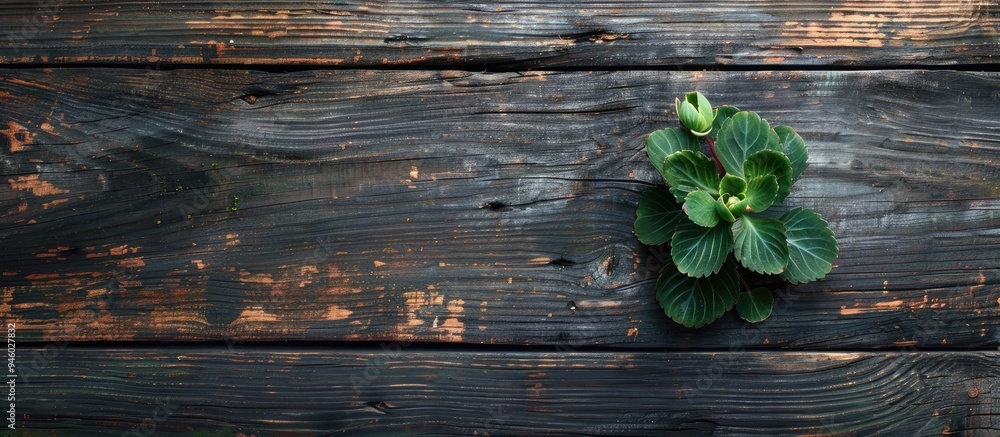 Aufkleber autumn leaf on wooden background top view orange leaf on weathered wood deck space for text top view