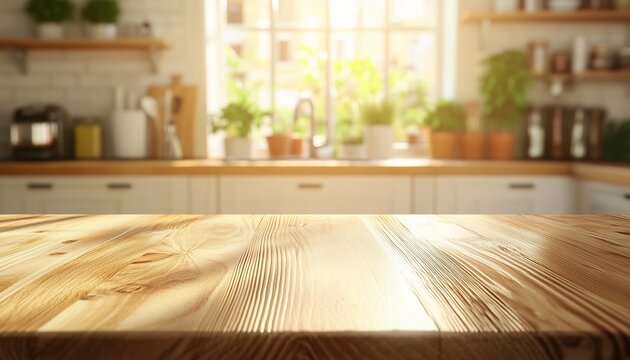 Brown wooden table kitchen counter display copy space with blurred light background
