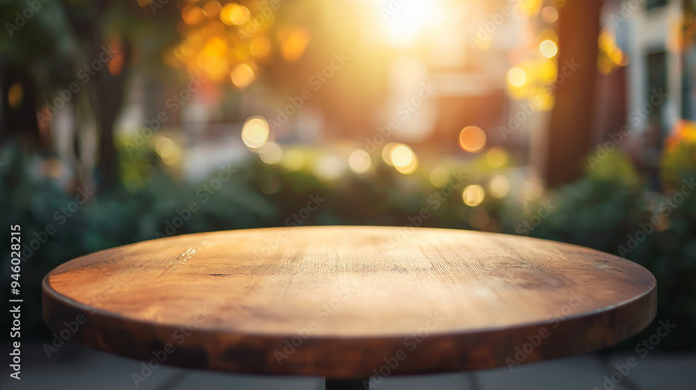 Poster round wooden table with evening sunlight in lovely place, wooden table with empty copy space place f