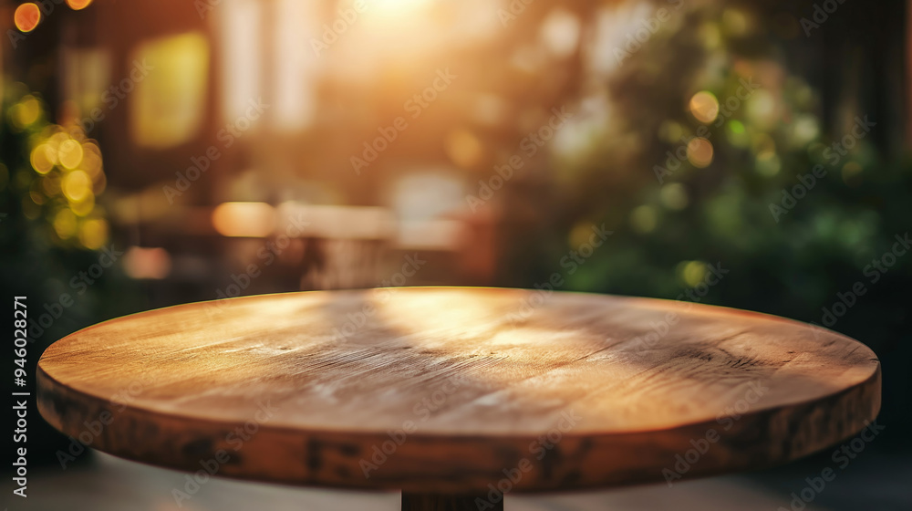 Poster round wooden table with evening sunlight in lovely place, wooden table with empty copy space place f