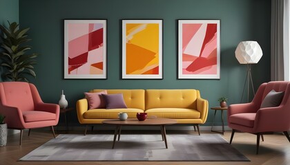digital painting, A modern living room with a yellow sofa, a wooden coffee table, and three framed abstract paintings on the wall.