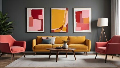digital painting, A modern living room with a yellow sofa, a wooden coffee table, and three framed abstract paintings on the wall.