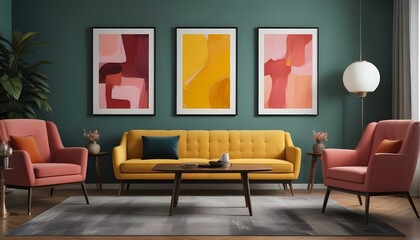 digital painting, A modern living room with a yellow sofa, a wooden coffee table, and three framed abstract paintings on the wall.
